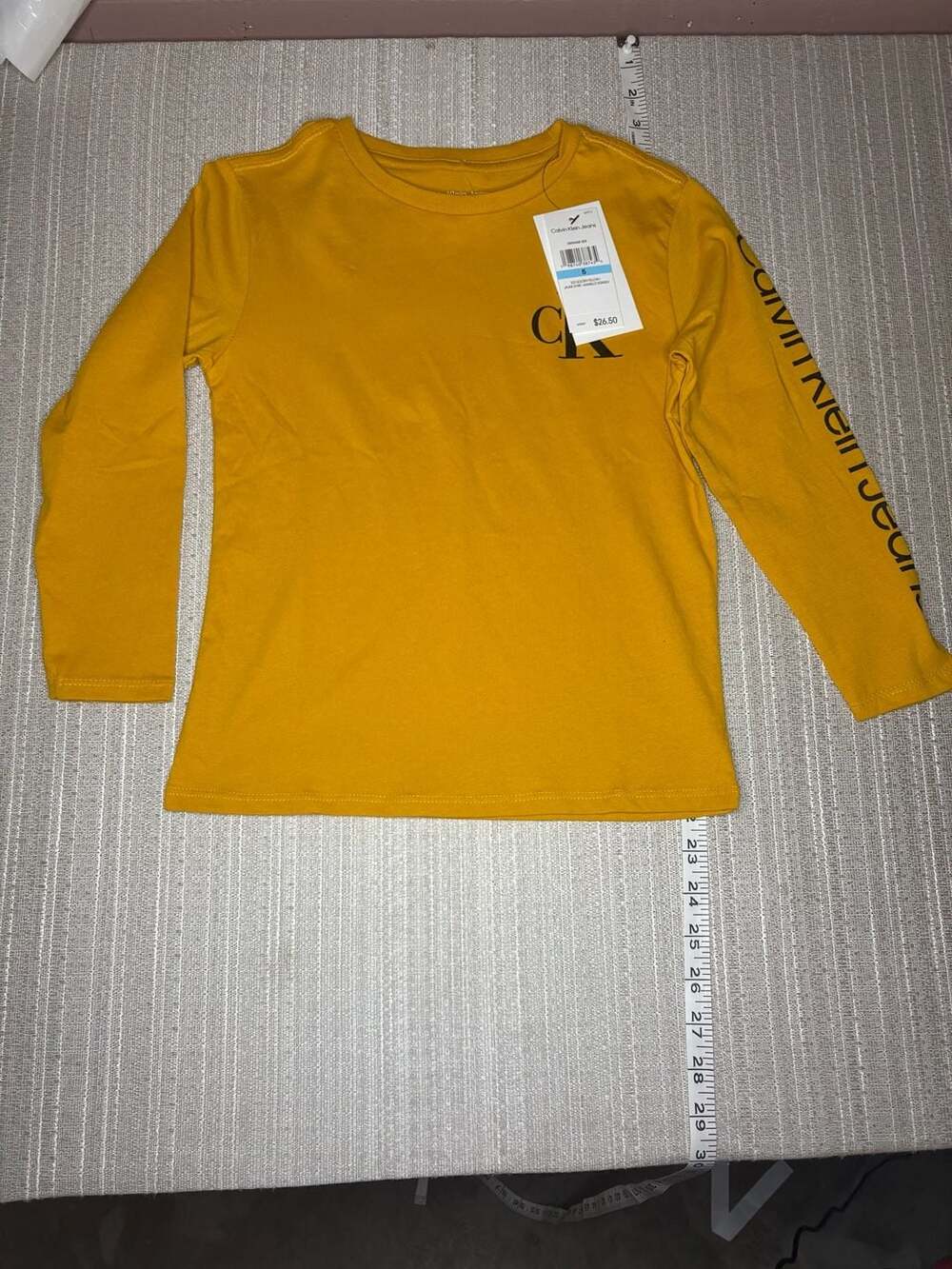 Calvin Klein Boys Long Sleeve Mustard Yellow Logo T-Shirt Size 5 NWT